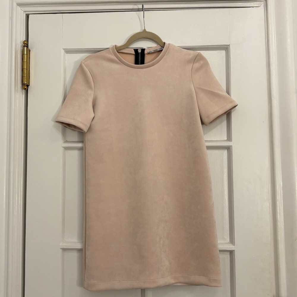 Zara Baby Pink Velvet/Suede Short Sleeve Shift Mini Dress